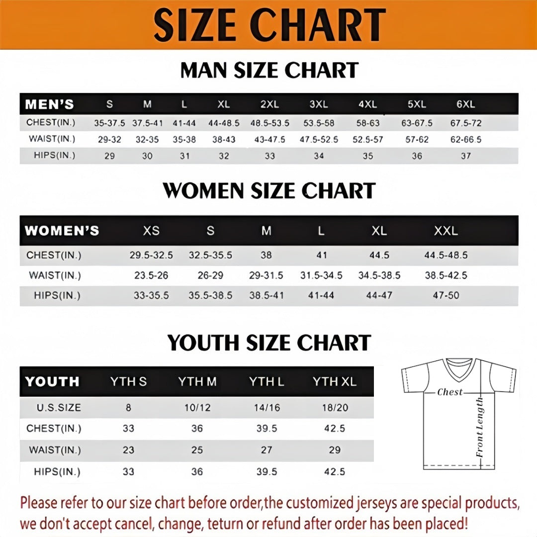Salute to Service Jersey Size Chart - Mens Womens Youth Kids Measurement Guide Inches