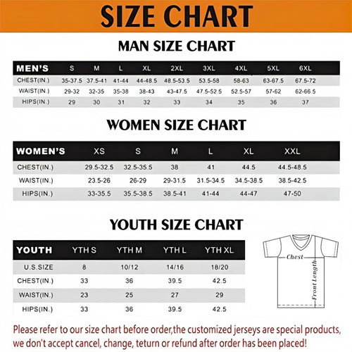Salute to Service Jersey Size Chart - Mens Womens Youth Kids Measurement Guide Inches