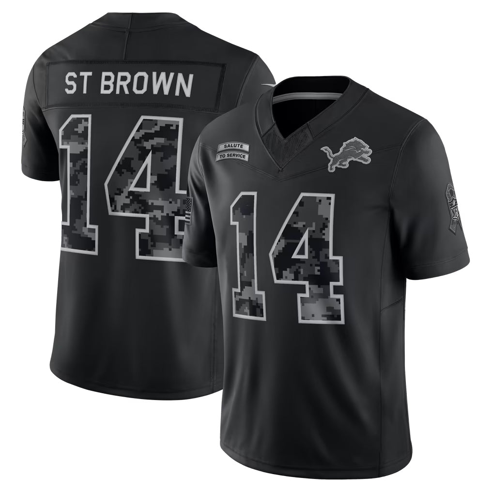 #14 Amon-Ra St. Brown Black 2026 Salute to Service Stitched Jersey Front View - Best Friend Gift