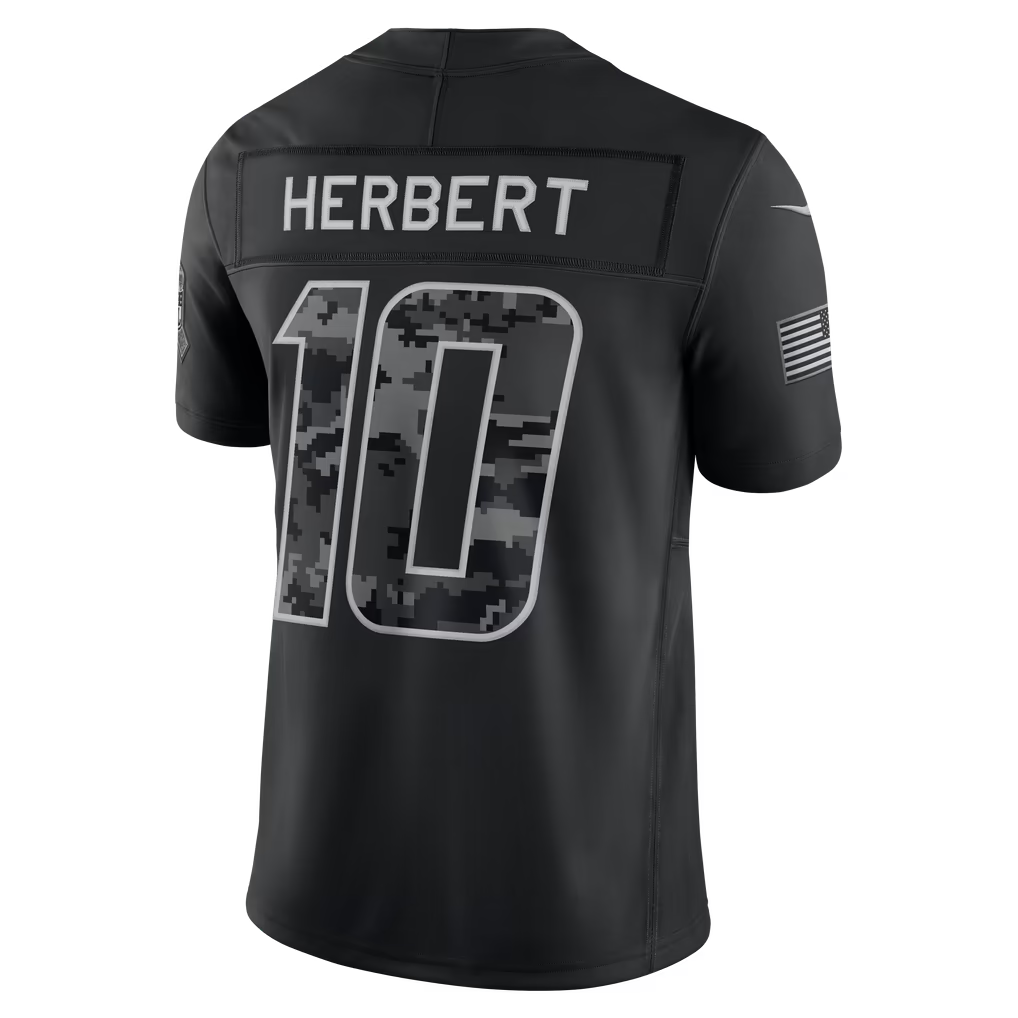 #10 Justin Herbert Black Salute to Service Stitched Jersey Back View - Couples Matching Set