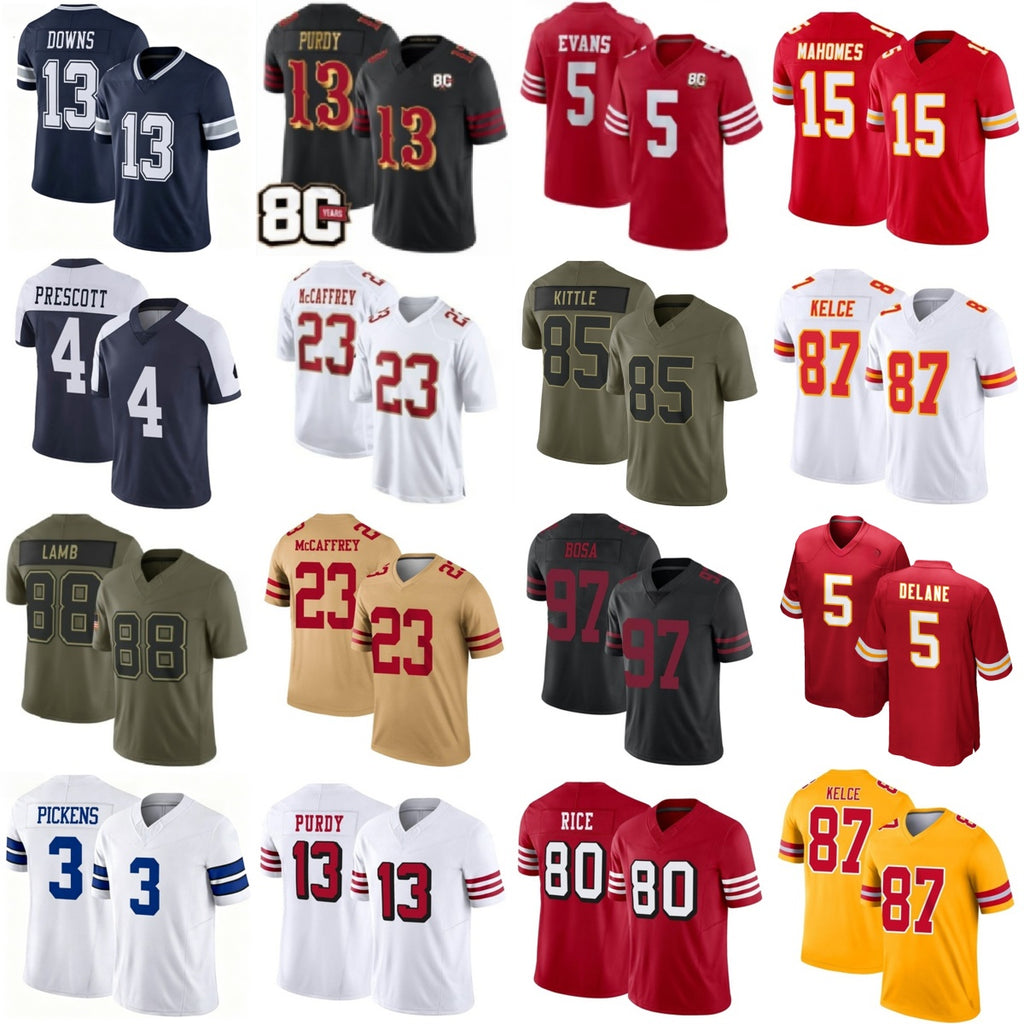 2026-2027 Brock Purdy Jerseys Caleb Downs CeeDee Lamb Dak Prescott Christian McCaffrey George Kittle Fred Warner Mike Evans Nick Bosa Patrick Mahomes Travis Kelce Kenneth Walker III George Pickens DeMarvion Overshown Jersey Mens Womens Youth Kids