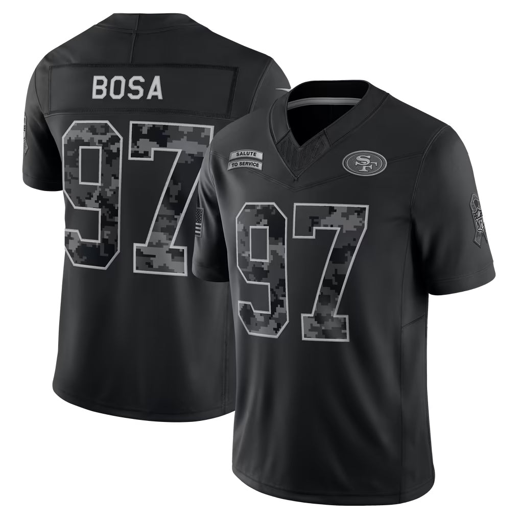 #97 Nick Bosa Black 2026 Salute to Service Stitched Jersey Front View - Budget Friendly Fan Pick