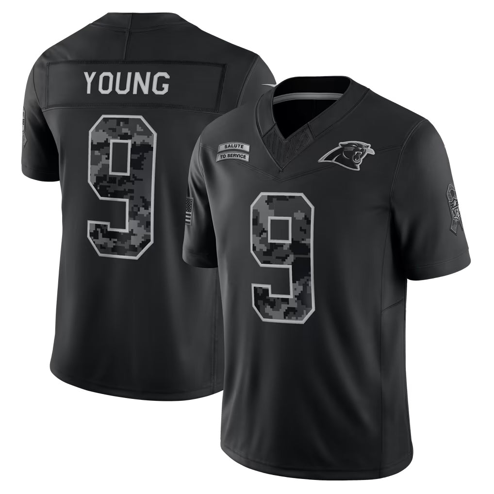 #9 Bryce Young Black 2026 Salute to Service Stitched Jersey Front View - Watch Party Ready