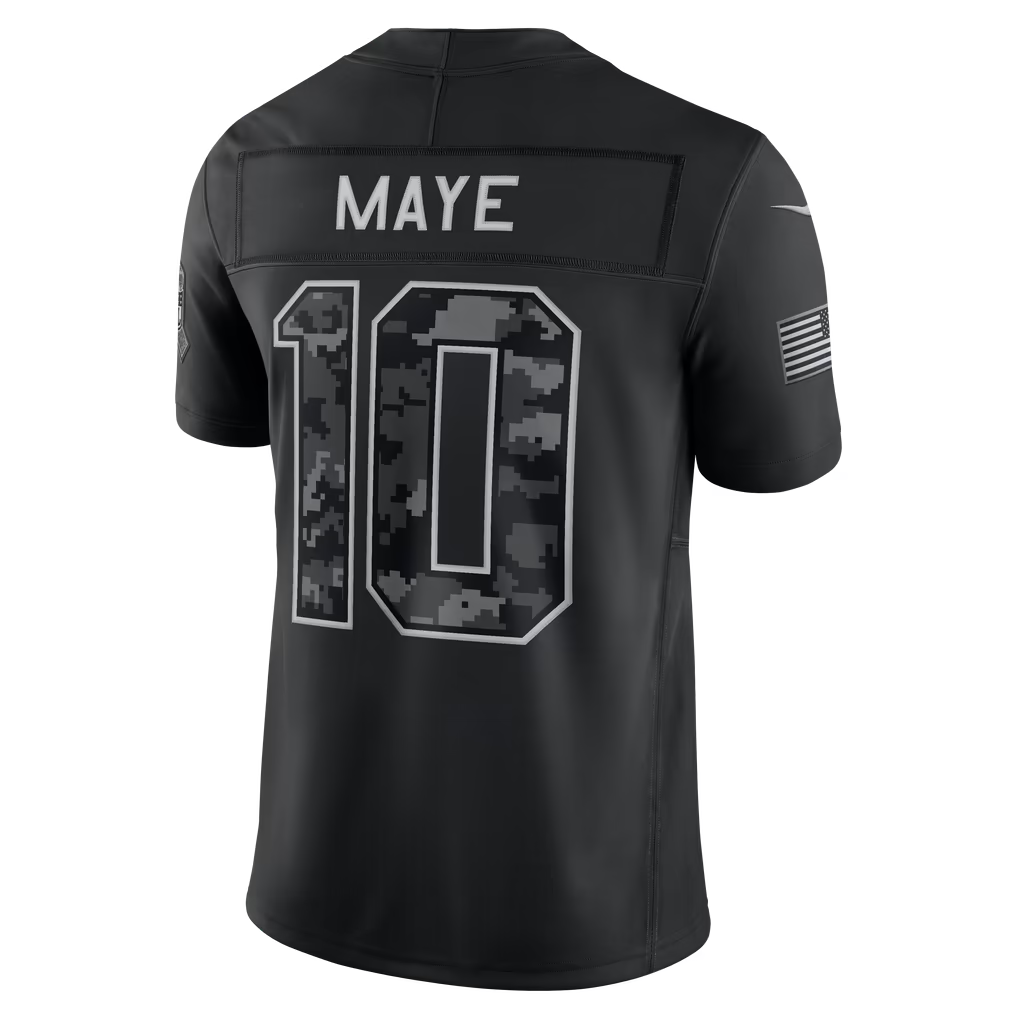 #10 Drake Maye Black Salute to Service Stitched Jersey Back View - White Elephant Exchange Gift