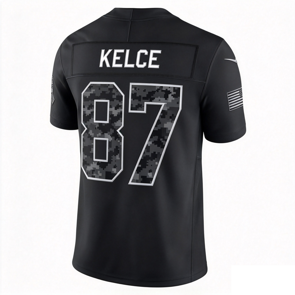 #87 Travis Kelce Black Salute to Service Stitched Jersey Back View - Couples Matching Set