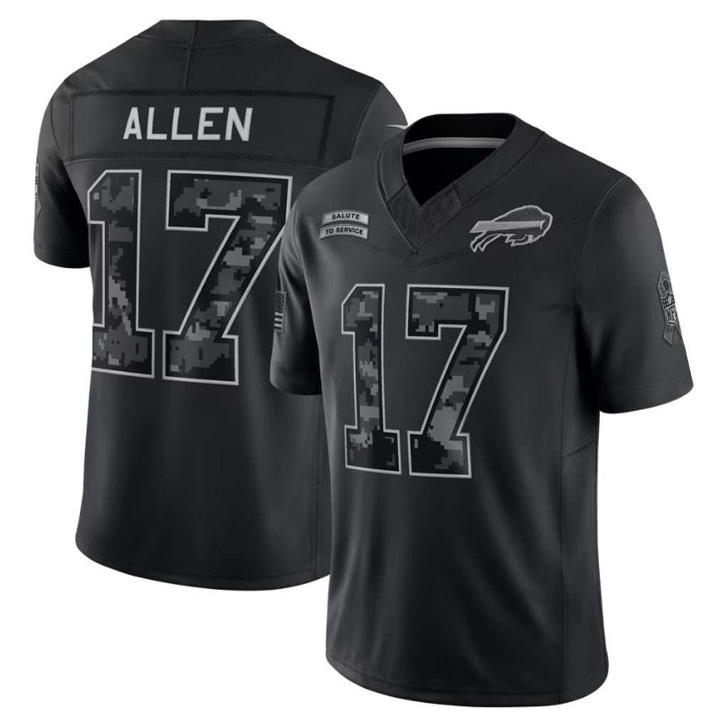 #17 Josh Allen Black 2026 Salute to Service Stitched Jersey Front View - Sunday Game Outfit