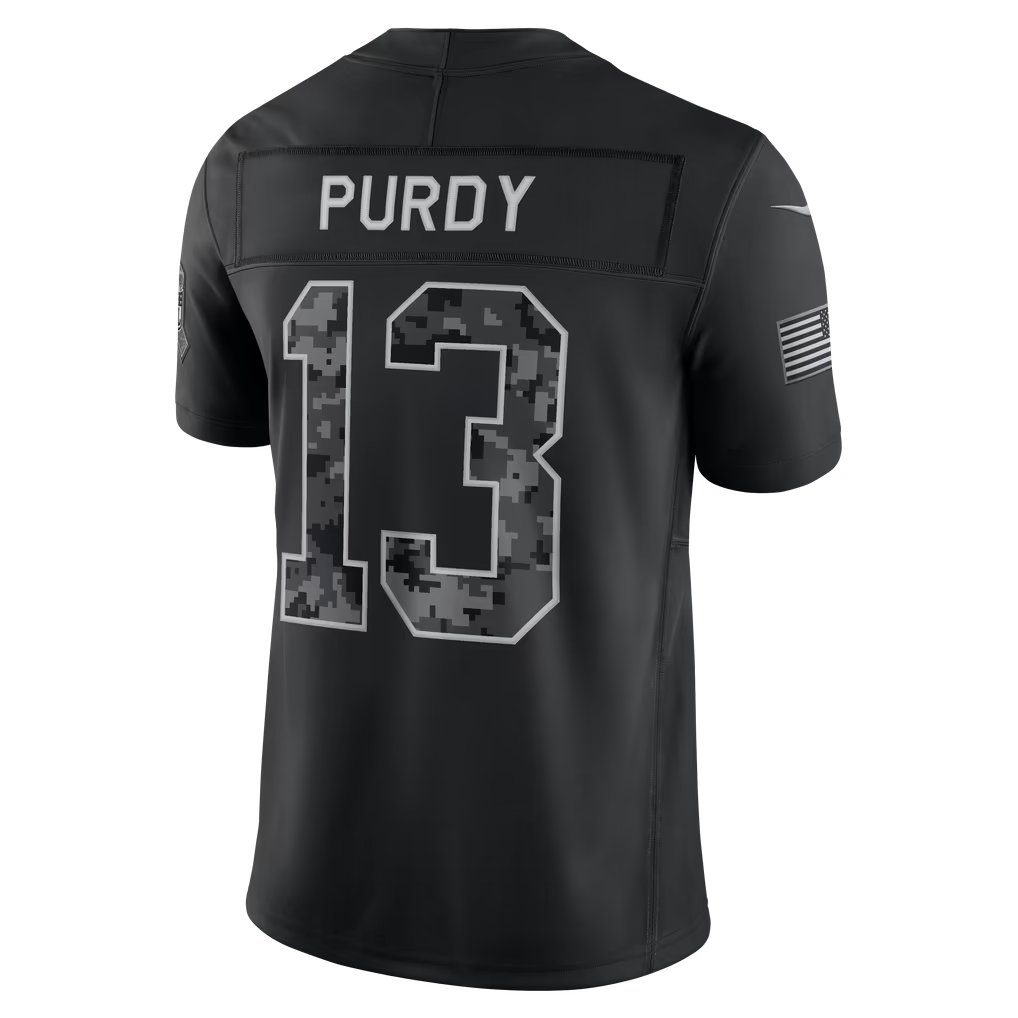 #13 Brock Purdy Black Salute to Service Stitched Jersey Back View - First Game Memory