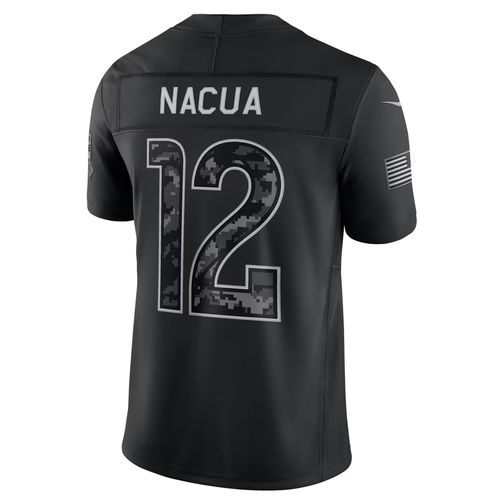 #12 Puka Nacua Black Salute to Service Stitched Jersey Back View - Patriotic Camo Style