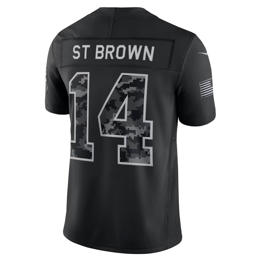 #14 Amon-Ra St. Brown Black Salute to Service Stitched Jersey Back View - First Game Memory
