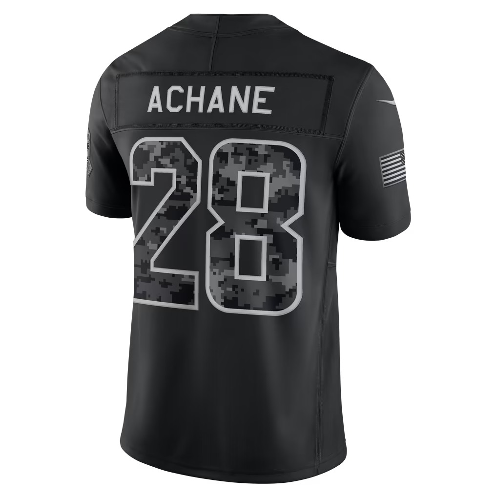 #28 De'Von Achane Black Salute to Service Stitched Jersey Back View - US Flag Sleeve Patch Detail