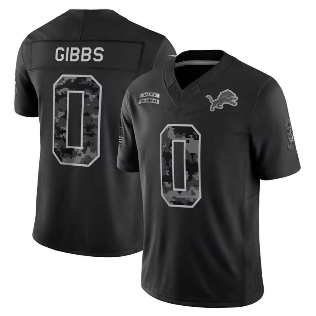#0 Jahmyr Gibbs Black 2026 Salute to Service Stitched Jersey Front View - US Flag Sleeve Patch Detail