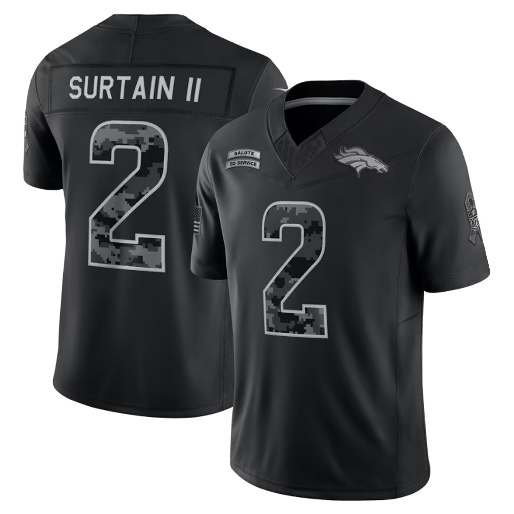 #2 Patrick Surtain II Black 2026 Salute to Service Stitched Jersey Front View - US Flag Sleeve Patch Detail