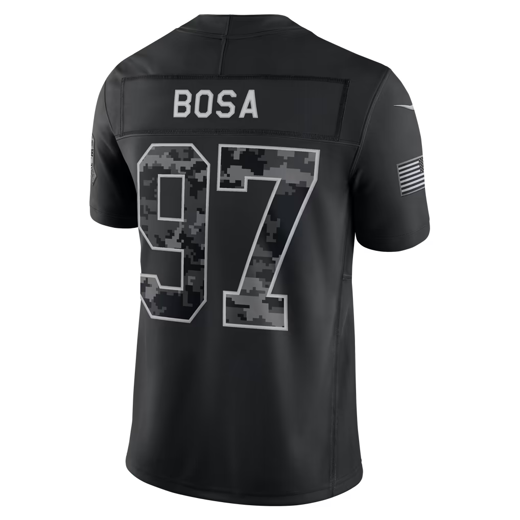#97 Nick Bosa Black Salute to Service Stitched Jersey Back View - Gift for Her