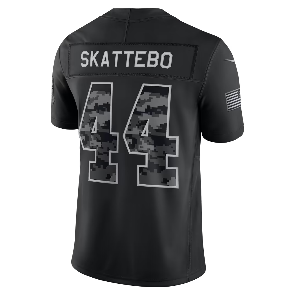 #44 Cam Skattebo Black Salute to Service Stitched Jersey Back View - First Game Memory