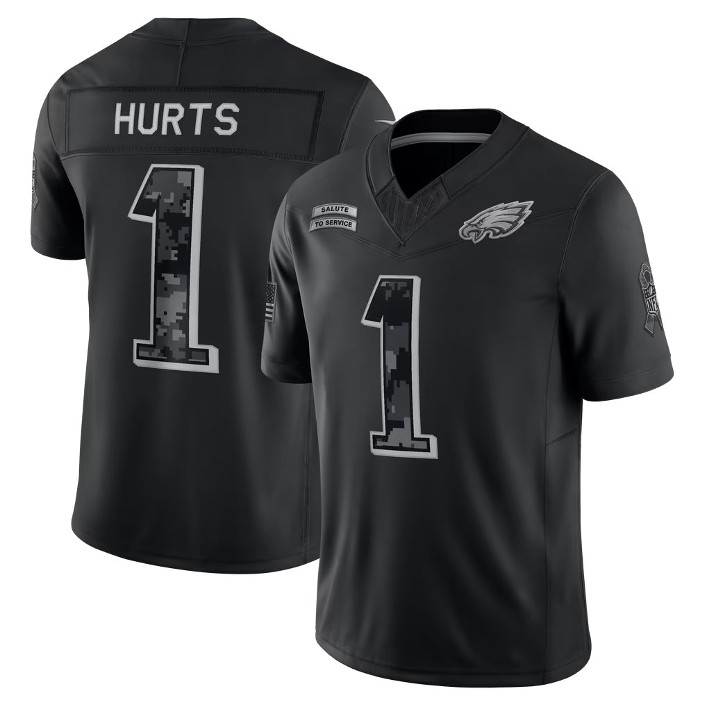 #1 Jalen Hurts Black 2026 Salute to Service Stitched Jersey Front View - Game Day Essential