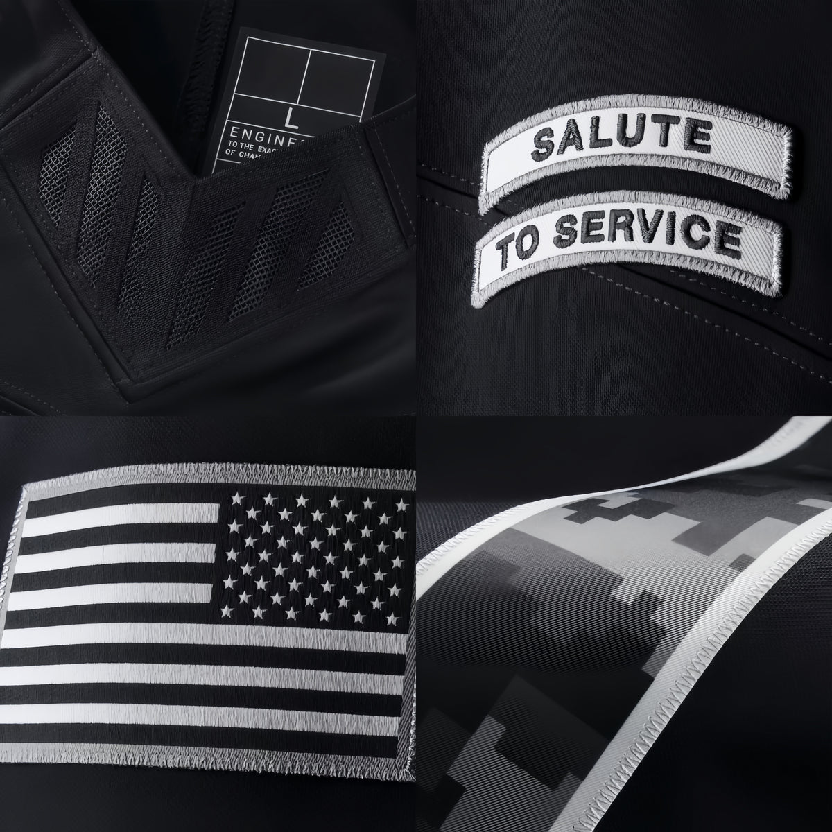 2026 Black Salute to Service Stitched Jersey Detail - Metallic Shield Collar, US Flag Sleeve, Recycled Polyester