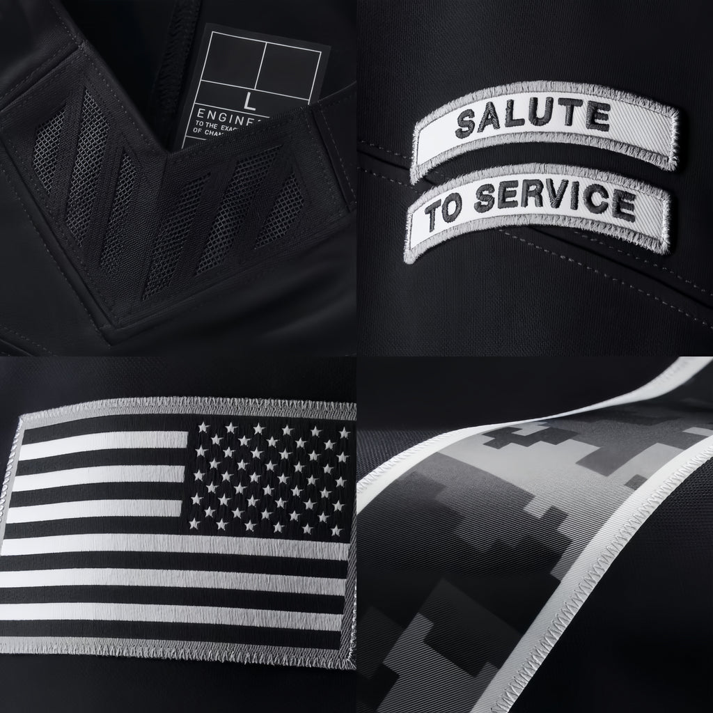 2026 Black Salute to Service Stitched Jersey Detail - Metallic Shield Collar, US Flag Sleeve, Recycled Polyester