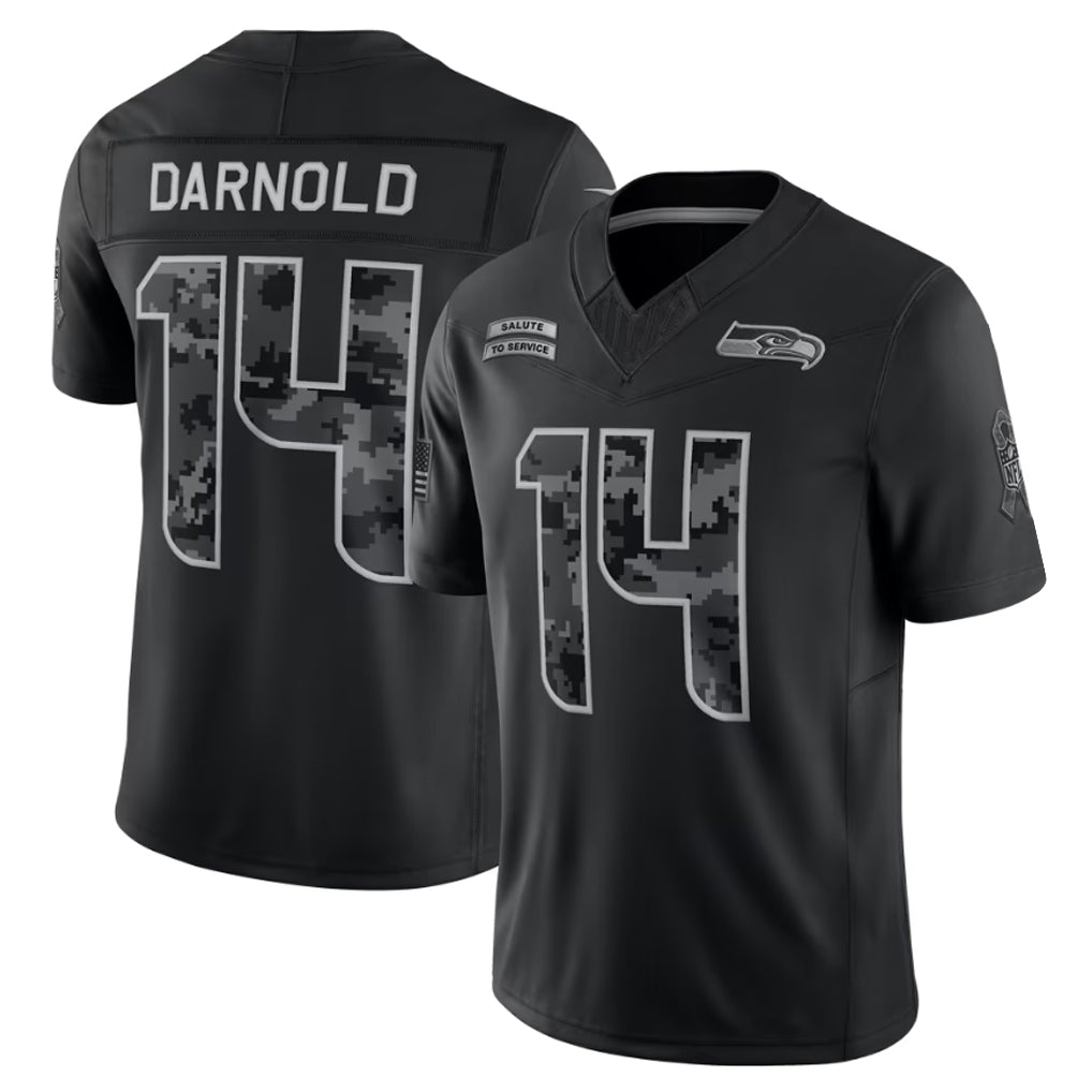 #14 Sam Darnold Black 2026 Salute to Service Stitched Jersey Front View - First Game Memory
