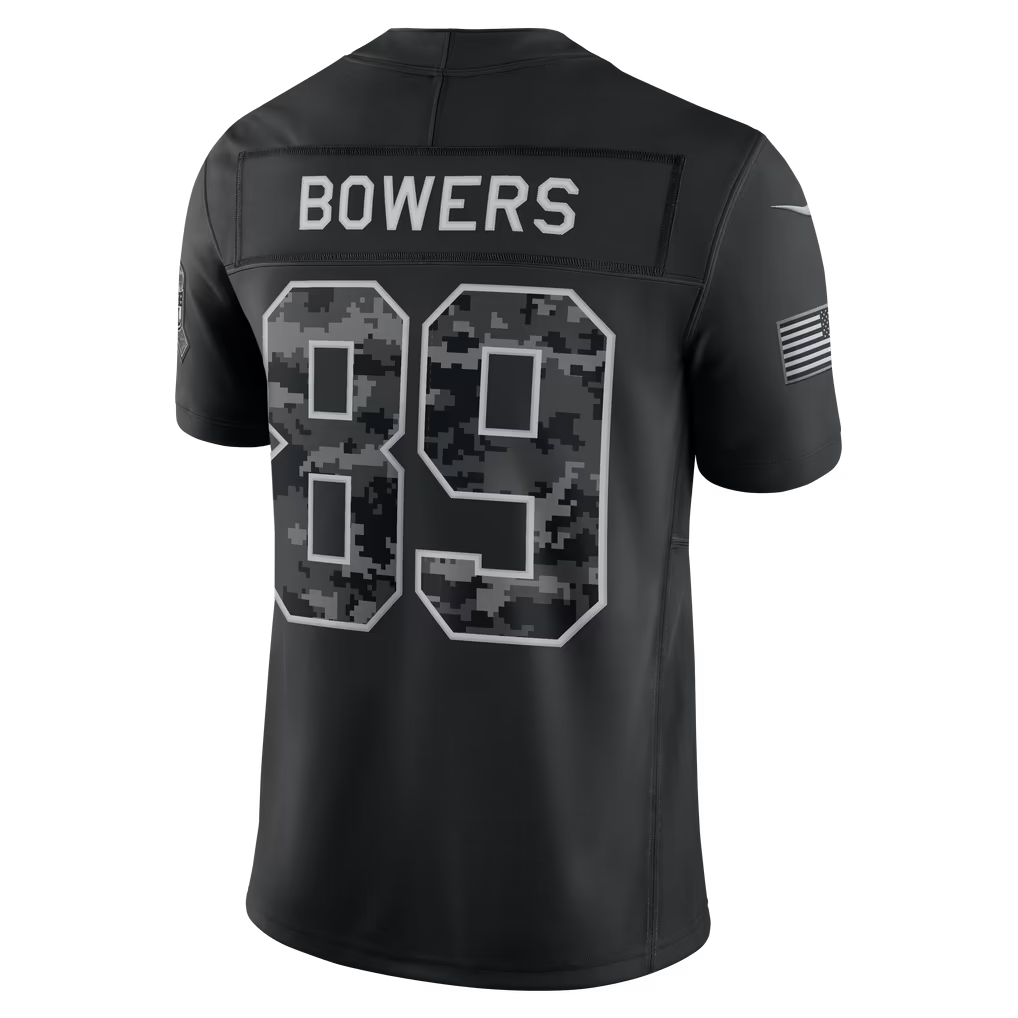 #89 Brock Bowers Black Salute to Service Stitched Jersey Back View - First Game Memory