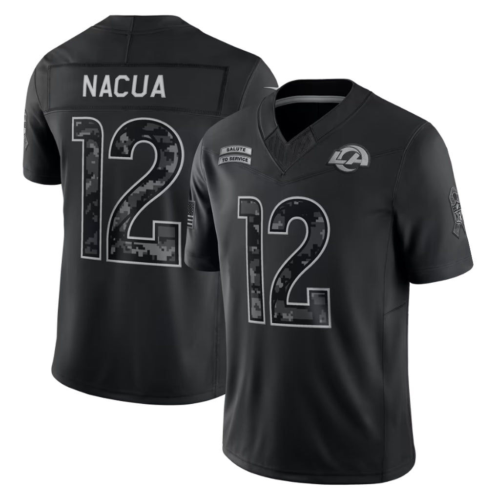 #12 Puka Nacua Black 2026 Salute to Service Stitched Jersey Front View - First Game Memory