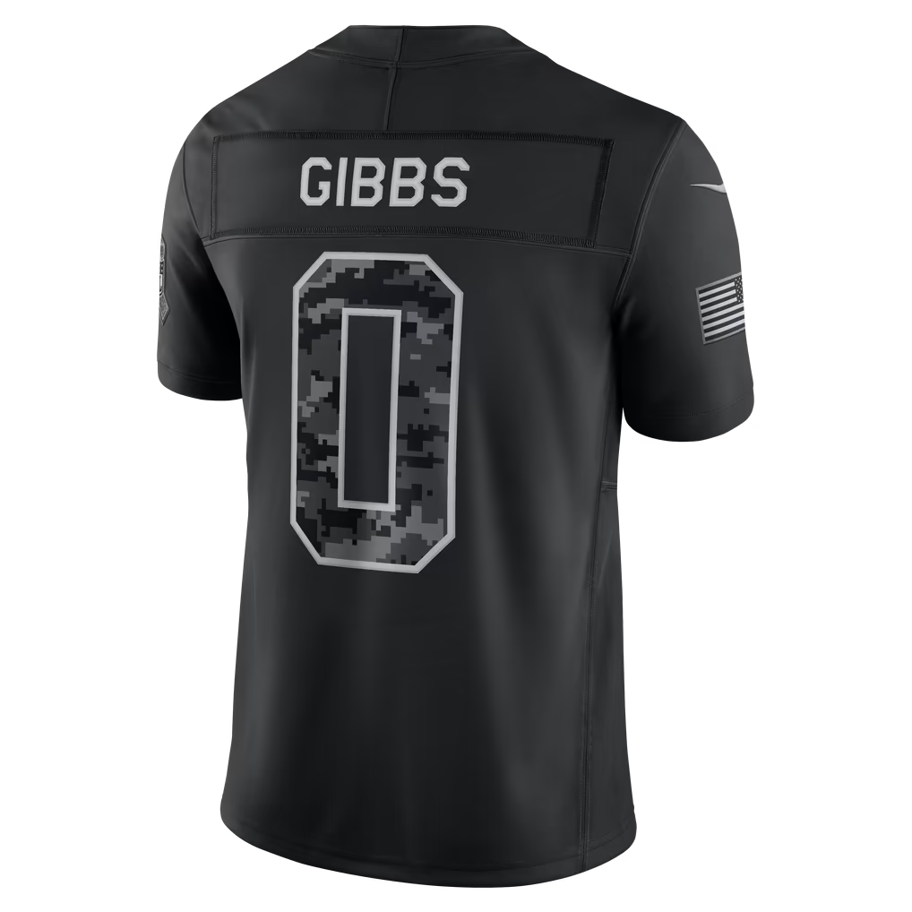 #0 Jahmyr Gibbs Black Salute to Service Stitched Jersey Back View - First Game Memory