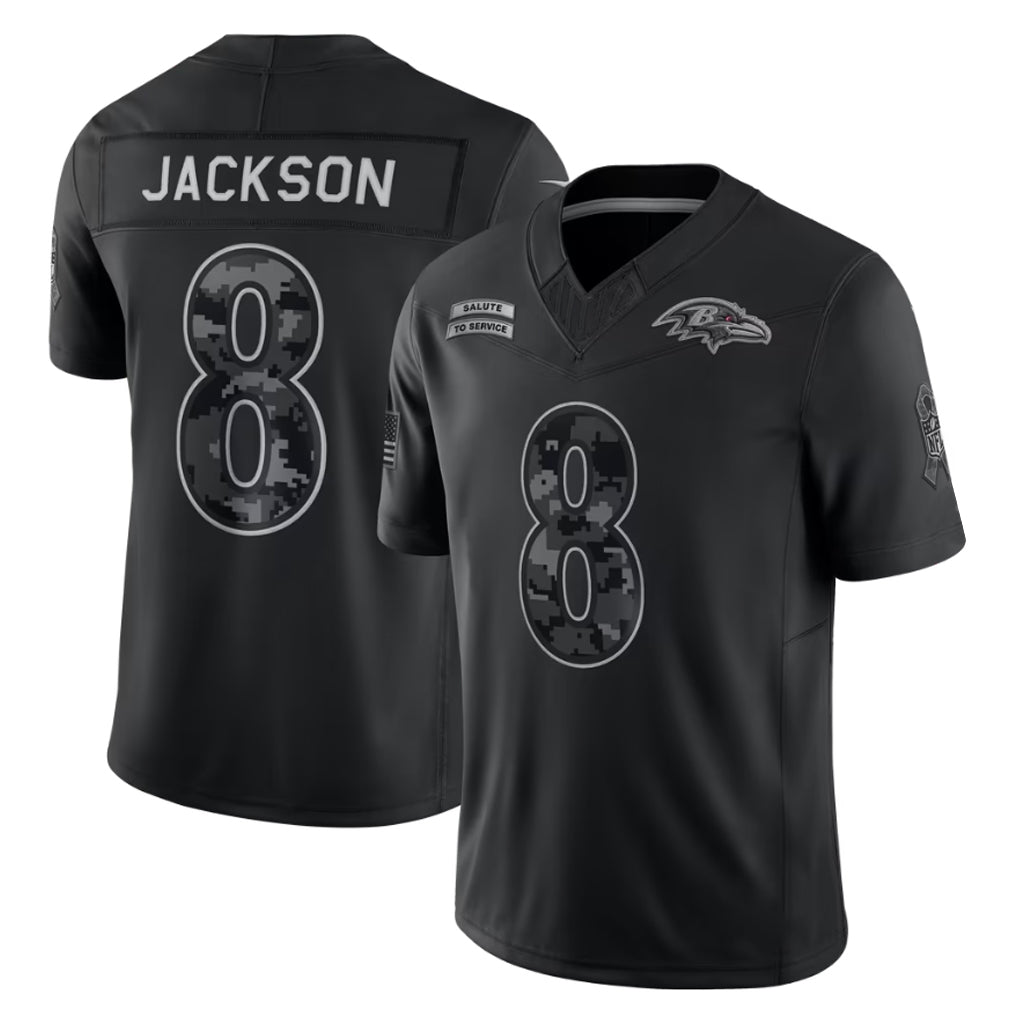 #8 Lamar Jackson Black 2026 Salute to Service Stitched Jersey Front View - Game Day Essential