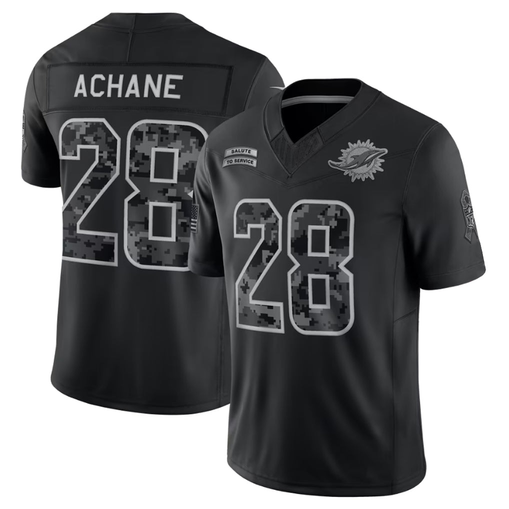 #28 De'Von Achane Black 2026 Salute to Service Stitched Jersey Front View - US Flag Sleeve Patch Detail