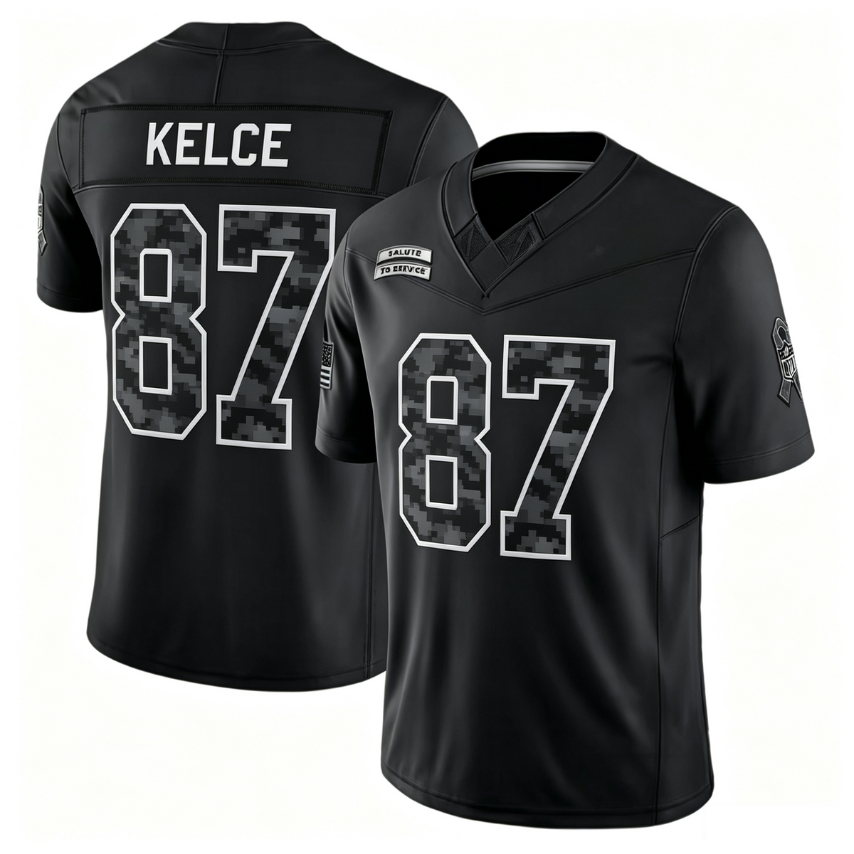 #87 Travis Kelce Black 2026 Salute to Service Stitched Jersey Front View - US Flag Sleeve Patch Detail